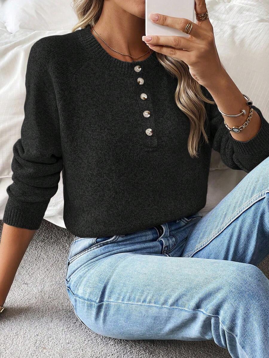 EMERY ROSE 女士新款纯色毛衣，半拉链纽扣针织套头衫，冬季 - 黑色 - 查看 1