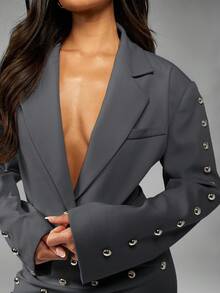 MISSGUIDED Contemporary Studded Long Sleeve Cropped Blazer Evening Party Metallic Button Design Edgy Modern Statement Piece Fall Winter Mini Jacket - Grey - View 7