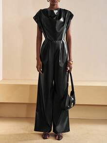 Zivah Black,Autumn,Elegant,Evening PU Jumpsuit,Women's Street Draped Neck Jumpsuit With Shoulder Pads Metal Decor Button,Western Style Versatile Party Wear - Black - View 2