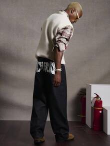 PAVTROS Quần jeans ống rộng dáng rộng cho nam, họa tiết chữ đường phố, xanh đậm, phù hợp cho mọi mùa - Rửa tối - Xem 3