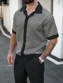 Manfinity Homme Men's Solid Color Patchwork Button Front Casual Short Sleeve Top And Pants Set, Cozy Outfits