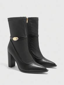 CUCCOO BIZCHIC Botas altas de tacón alto y puntera estrecha con estiramiento para uso diario - Negro - Ver 6