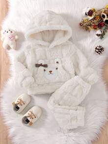 SHEIN 2 件女婴可爱休闲熊图案 3D 耳朵蝴蝶结毛绒长袖上衣和裤子套装，适合秋冬季日常穿着 - 杏色 - 查看 7