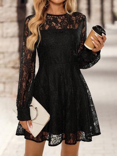 EMERY ROSE 女士休闲黑色蕾丝长袖束腰短款连衣裙