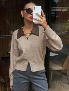 DAZY 女式休闲PU拼布拉链开衫，秋季 - 卡其色 - 查看 7