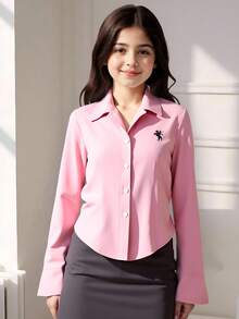 青少年女孩花卉印花修身纽扣长袖休闲衬衫，读书周服装青少年女孩长袖上衣 - 粉色 - 查看 3