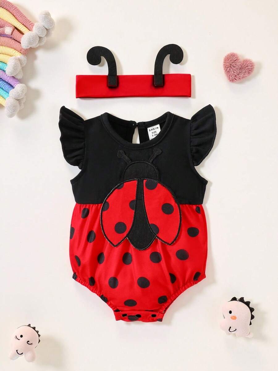 SHEIN Playful Pals Body graphique coccinelle pour nouveau-né, combinaison bébé mignonne et avec serre-tête, été