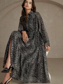 Aveloria Rosie Leopard Print Chiffon Shirt Collar Super Long Tie Waist Commuter Elegant Dress - Multicolor - View 1