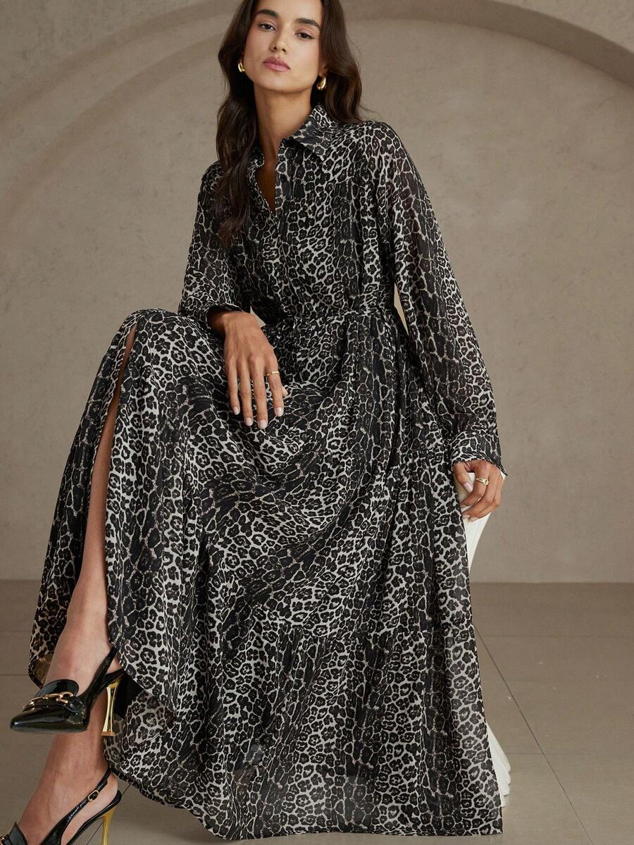 Aveloria Rosie Leopard Print Chiffon Shirt Collar Super Long Tie Waist Commuter Elegant Dress - Multicolor - View 1