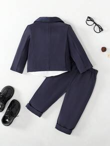 SHEIN 3pcs Baby Boy Gentleman Outfit Set: Lapel Collar Long Sleeve Double-Breasted Jacket, Pants And Bowknot Fall Winter