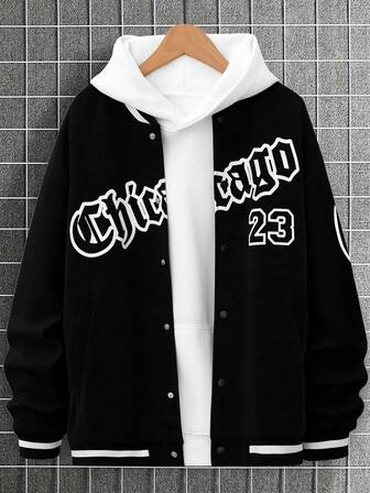 Manfinity Homme ルーズフィット メンズ レター グラフィック 2トーン バーシティ 長袖ジャケット パーカー無し、ベースボール ブラック バーシティジャケット、秋、グランジ