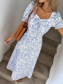 Easowa Váy Maxi Dài Tay Phồng Cổ Bèo Tay Lồng Đèn Xòe Dáng Chữ A Thời Trang Xuân/Hè Tay Ngắn, Chất Liệu Vải Hoa Ditsy Lãng Mạn Cổ Điển, Đầm Maxi Đi Nghỉ Mát Thanh Lịch Dành Cho Nữ - Màu xanh lam - Xem 3