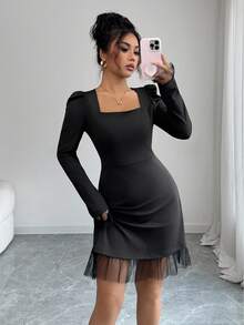 Elenzga Vestido elegante de mujer con cuello cuadrado, mangas abultadas y dobladillo de malla de unicolor - Negro - Ver 4
