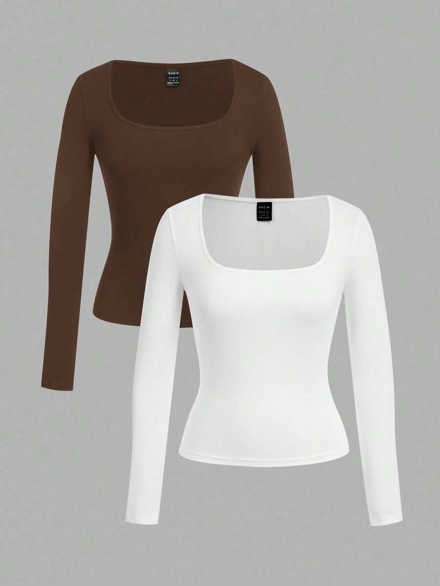 SHEIN EZwear 2 件女式方领修身长袖休闲 T 恤套装，棕色和白色，秋冬 - 彩色 - 查看 1