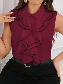 SHEIN Clasi Áo cánh không tay cổ chữ V màu khối cỡ lớn cho nữ có viền ren xếp nếp, mùa hè - Màu Đỏ Sâu - Xem 6