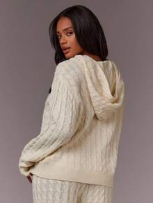 Athîral Áo khoác cardigan dệt kim dài tay rộng rãi, màu trơn có mũ trùm đầu, khóa kéo thường ngày cho nữ - trắng - Xem 2