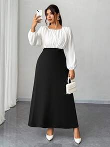 Elenzga Vestido Ajustado Tipo A com Manga Lanterna Colorblock Casual para Mulheres Plus Size, Adequado para Ano Novo