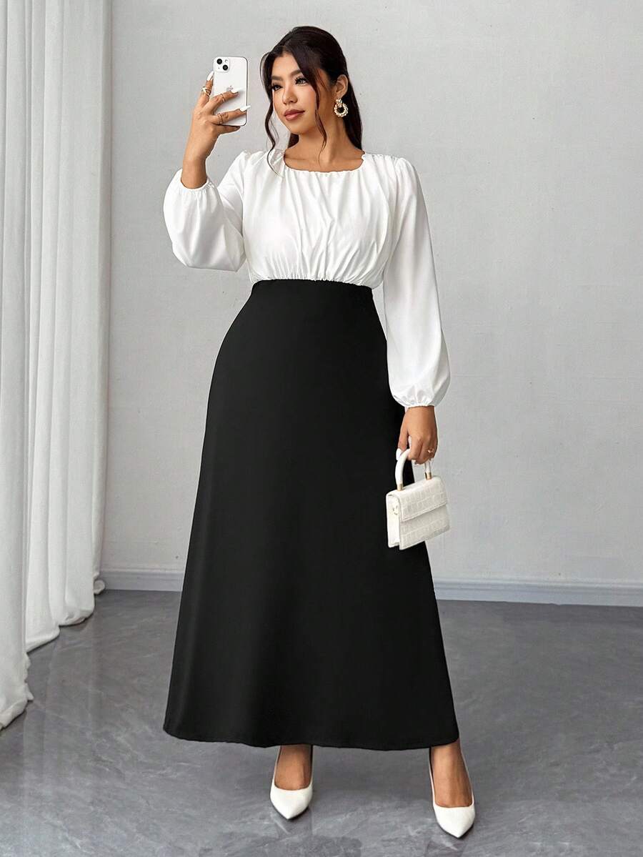 Elenzga Vestido Ajustado Tipo A com Manga Lanterna Colorblock Casual para Mulheres Plus Size, Adequado para Ano Novo