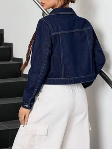 SHEIN 少女深蓝色牛仔翻领长袖短款夹克 - 深色水洗藍 - 查看 2