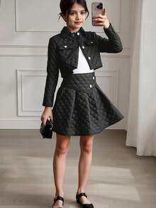 SHEIN Tween Girl Flap Detail Quilted Jacket & Skirt - Black - View 3