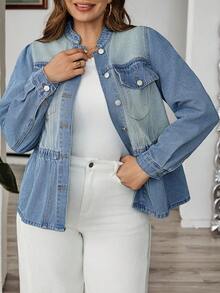 SHEIN CURVE+ Plus Size Light Blue Color Block Denim Jacket,Autumn Smart Casual Everyday Front Button Shoulder Long Sleeve Fashionable Elegant Old Money Style,Party - Blue - View 4