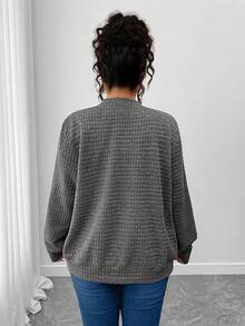 SHEIN CURVE+ Áo khoác rộng rãi có khóa kéo họa tiết cỡ lớn, mùa thu - Xám - Xem 2