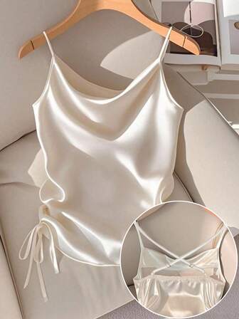 SHEIN CURVE+ 大码女式优雅通勤简约百搭纯色抽绳褶饰吊带背心，夏季