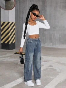 SHEIN Explorewe Tween 女童休闲直筒洗水牛仔裤 - 中等水洗藍 - 查看 5