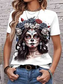 EMERY ROSE Casual Minimalist Day Of The Dead Women's Halloween Graphic Round Neck Loose T-Shirt - Multicolor - View 3
