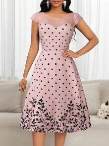 SHEIN Lady 春夏网纱拼接飞袖波点花朵印花度假连衣裙 - 淺粉色 - 查看 3