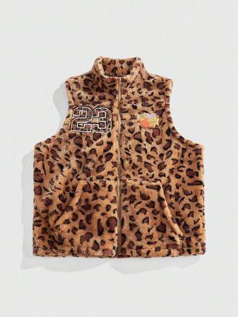 Street Life Herren Leoparden-Muster Ziffern Applikation Reißverschluss Weste, Herbst Winter