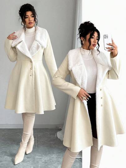 Elenzga Plus Size Elegant Cinched Waist Overcoat, Autumn/Winter