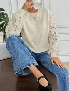 SHEIN Frenchy Women's Fashion Sequin Decor Round Neck Long Sleeve Sweater,Fall And Winter, Christmas,New Year - Apricot - View 3