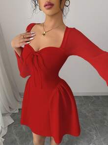 Elenzga Đầm nữ mới thiết kế xếp nếp bên hông bằng lưới trong suốt có cổ nơ, xòe dáng chữ A, thắt eo gợi cảm, sang trọng, thanh lịch, đa năng - Đỏ - Xem 3