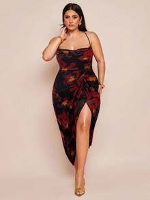 SHEIN BAE 加大码女款紫色网眼印花褶饰高开衩垂坠领吊带背心裙，春夏，Y2K，美国独立日服装，性感女款夜店服装，乡村音乐会服装，美国独立日，女款音乐会服装，狂欢节服装，女款西部服饰，毕业礼服，女款度假服装，碎花，女款夏季服装，优雅女款连衣裙，太阳裙，飘逸连衣裙 - 紅色 - 查看 4