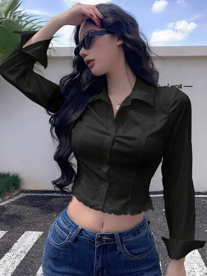 Sexy Fishbone Stitching Collegiate Style Slim Fit Cardigan, Hollow Out Lace Patchwork Elegant Long Sleeve Blouse For Office Wear, Spring/Autumn Y2k