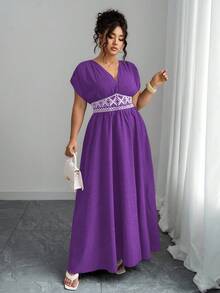 Elenzga 大码女式休闲长裙，腰部刺绣，佩斯利复古印花，波西米亚风 V 领，褶皱肩部，收腰，修身，优雅适合外出、下午茶、聚会、日常、度假 - 紫色 - 查看 6