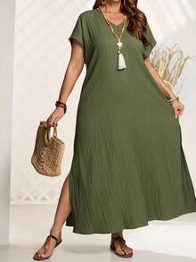 EMERY ROSE 大码V领蝙蝠袖短袖直筒宽松休闲连衣裙，夏季服装，女士度假装/波西米亚风女装 - 軍綠色 - 查看 5