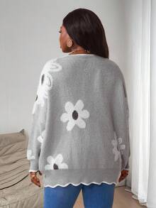 SHEIN CURVE+ Plus Size Women's 3D Floral Sweater Knitted Cardigan, Autumn Set, Autumn Top, Winter Knitted Cardigan/Autumn /Winter - Grey - View 2