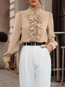 Pariaura Áo cánh nữ cổ đứng tay dài họa tiết chấm bi viền bèo nhún thanh lịch - Màu be - Xem 5