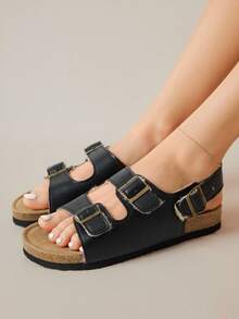 Solecia 女式带扣设计仿皮毛内衬休闲时尚厚底凉鞋 - 黑色 - 查看 9