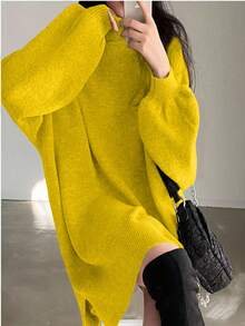 Almamuse 女式时尚休闲高领短款毛衣裙 - 黃色 - 查看 5
