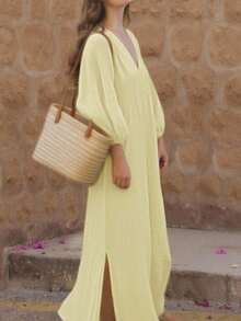 INAWLY Women's Casual Everyday Solid Color Elegant Romantic Backless Long Sleeve Dress, Suitable For Vacation - Yellow - View 2