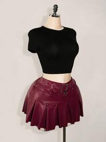 SHEIN ICON Plus Size Leather Belt Buckle Metal Decor Waist Pleated Mini Skirt Burgundy Rave 90s Autumn Sexy Fall Concert - Burgundy - View 5