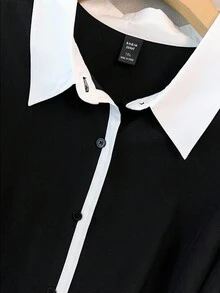 EMERY ROSE 大码女式法式长袖衬衫，初秋专业工作服衬衫 - 黑與白 - 查看 3