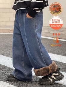 SHEIN 男童宽松版型藏蓝色保暖牛仔裤，适合秋冬季穿着 - 深色水洗藍 - 查看 3