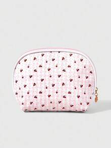 ROMWE Kawaii 1 件白色蕾丝和波尔卡圆点樱桃图案大容量便携式半圆形化妆包