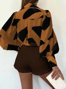 INAWLY Áo sơ mi nữ thời trang tay lỡ in họa tiết hình học cài khuy đơn - Cà phê nâu - Xem 2