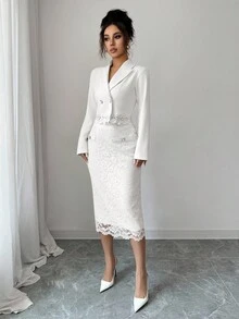 Modelyn 女式西装外套，撞色蕾丝和纽扣装饰 + 蕾丝纽扣装饰中长裙，优雅两件套 - 白色 - 查看 4