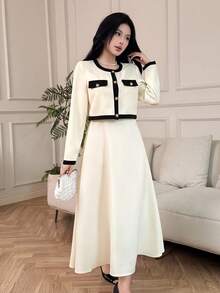 DAZY Women's Elegant Color Block Cardigan Dress Two Pieces Set, Autumn - Beige - View 7